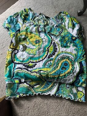 AB Studio Teal, Yellow & White Paisley Short Sleeve Tunic
